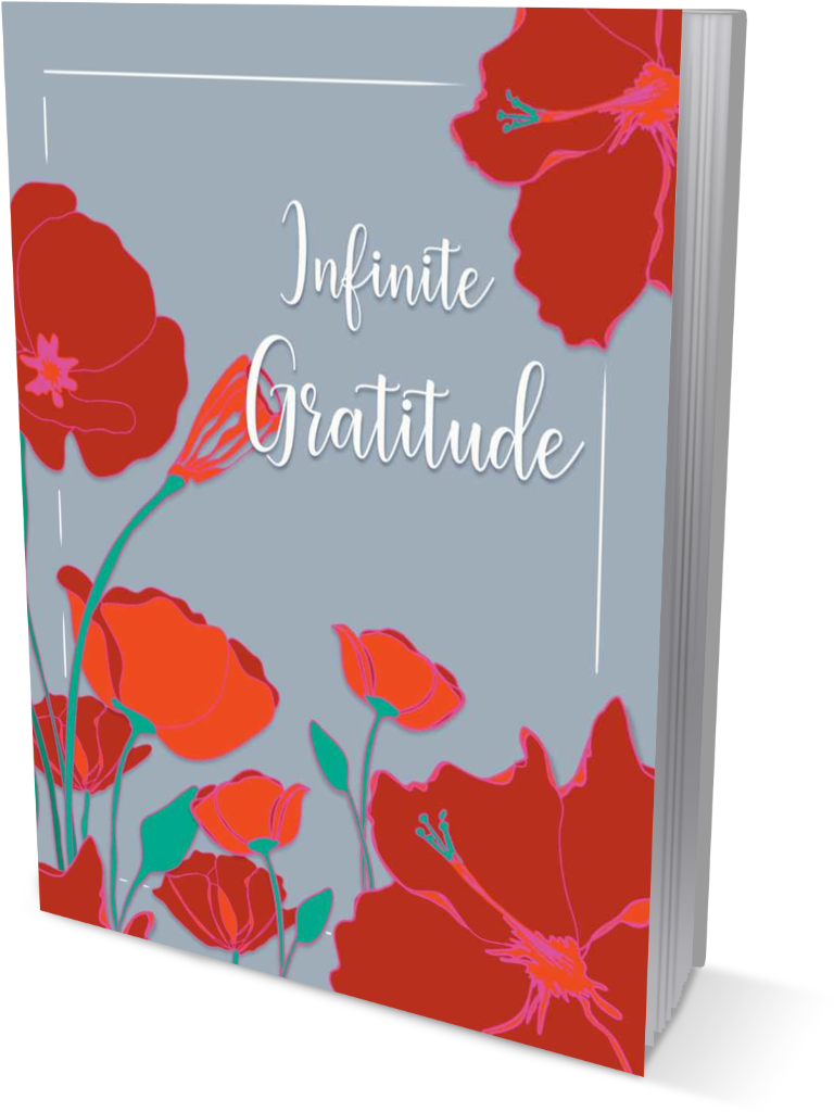 Infinite Gratitude | A Gratitude and Affirmation Journal front cover view in the color of white title on grey book cover, surrounded by a vibrant pink and orange poppy graphics .