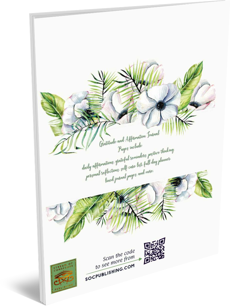 Forever Grateful | A Gratitude and Affirmation Journal back cover view with the book description in green on white book cover, within a floral watercolor painting graphic.